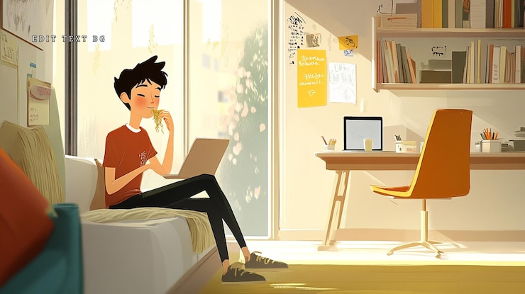 PSD young man eats and works on laptop in sunlit room