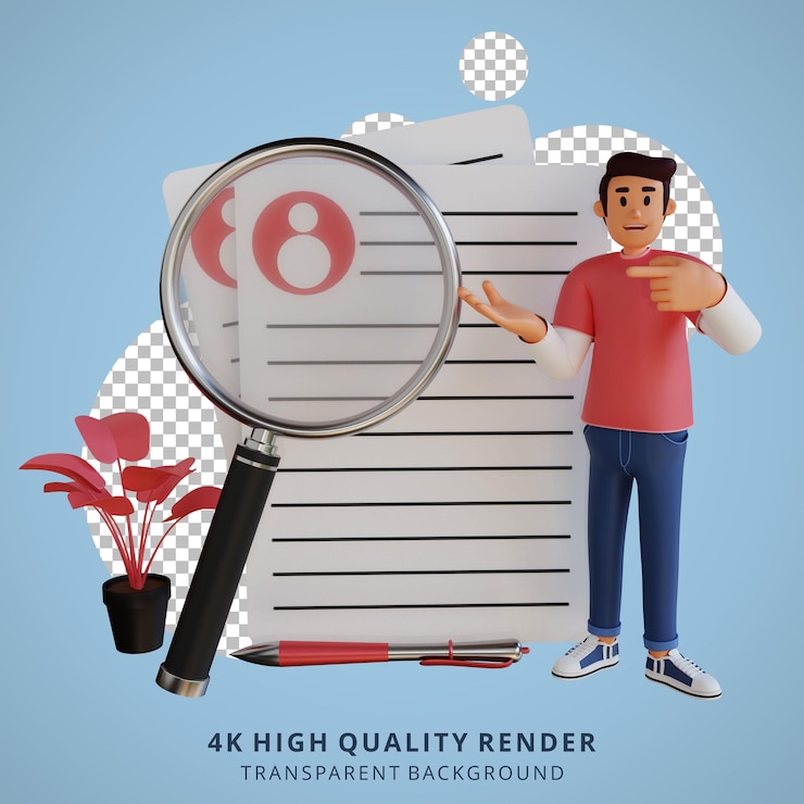 PSD young man holding magnifying glass 3d cartoon character illustration