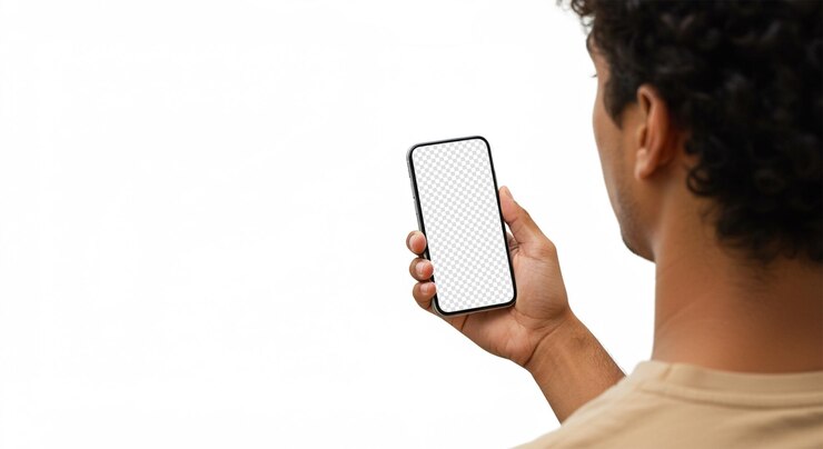 Young man holds smartphone with blank screen isolated on white Mobile technology concept