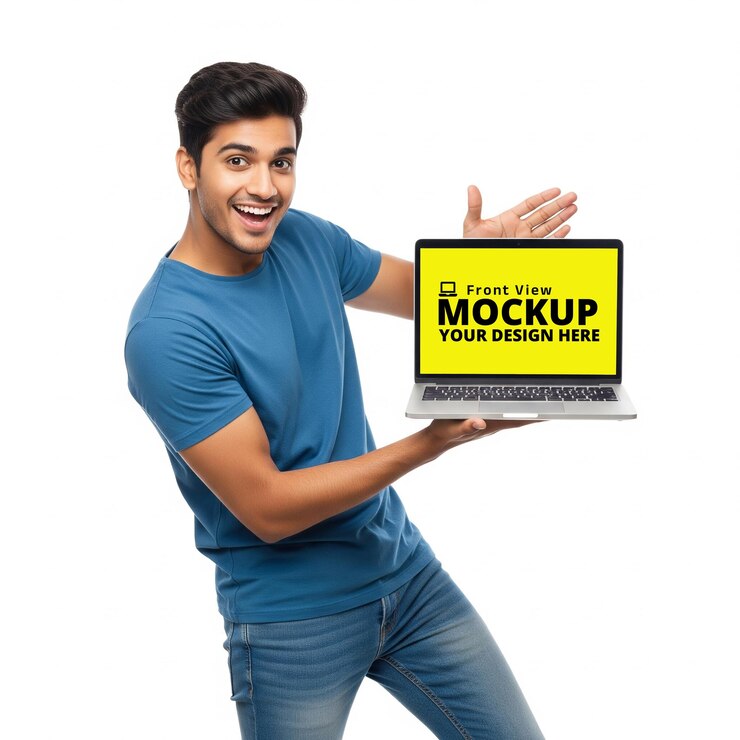 PSD young man in denim holding laptop mockup