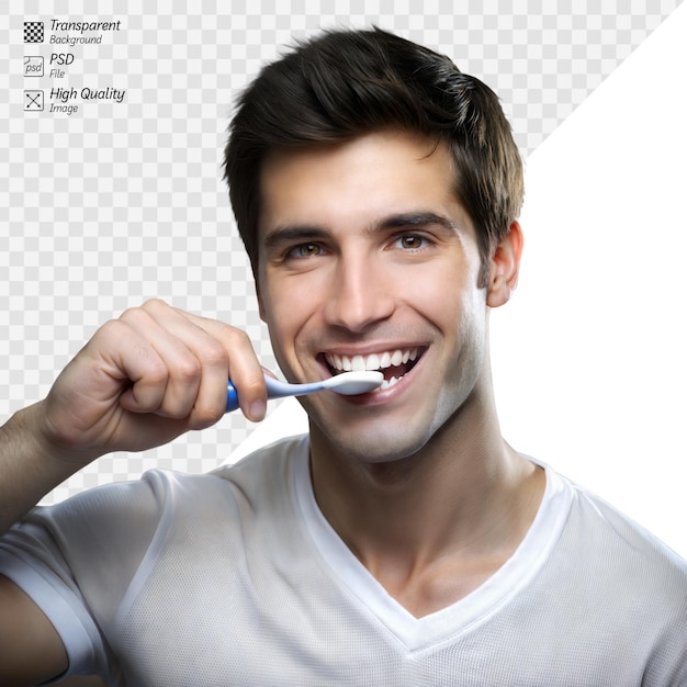 PSD young man smiling while brushing teeth with a toothbrush