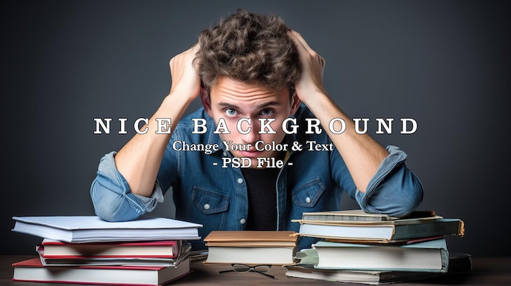 PSD young man student sitting on chair with desk and stack of books be worried scared face ai generated