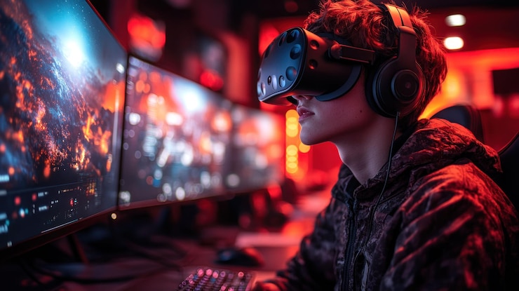 PSD young man wearing vr headset and headphones playing a video game