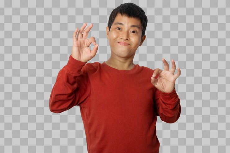 PSD young man wears a red shirt showing an okay sign