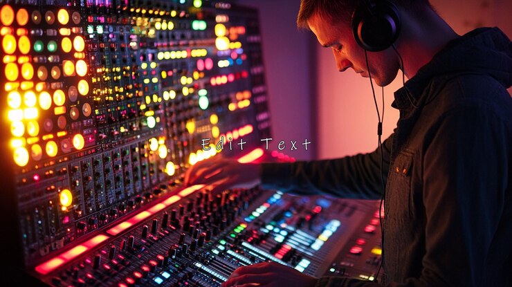 PSD young man working on a sound mixing console in a recording studio