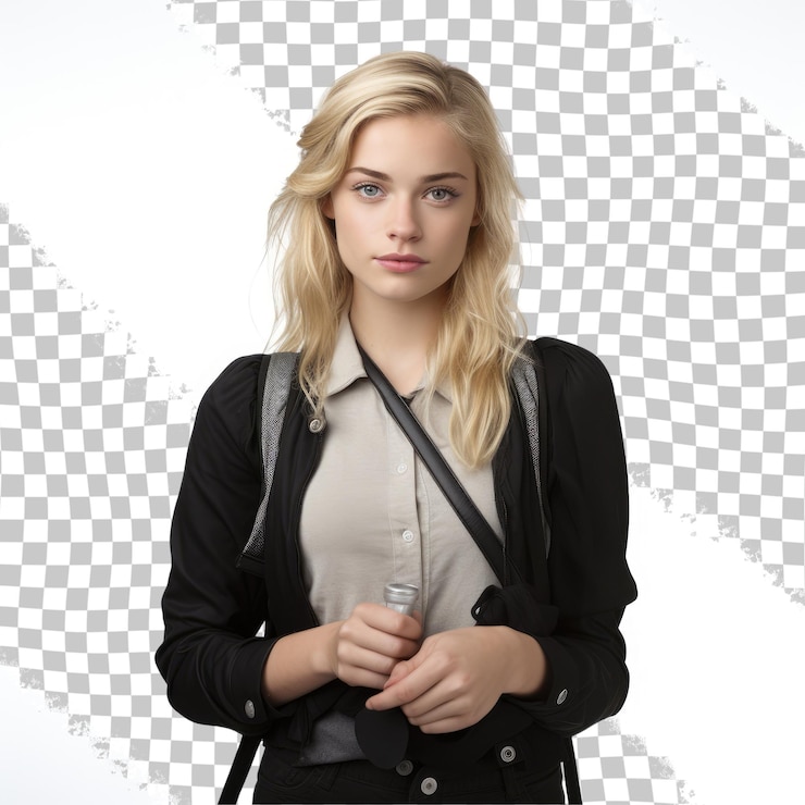 PSD young pretty blonde girl student before class isolated on transparent background