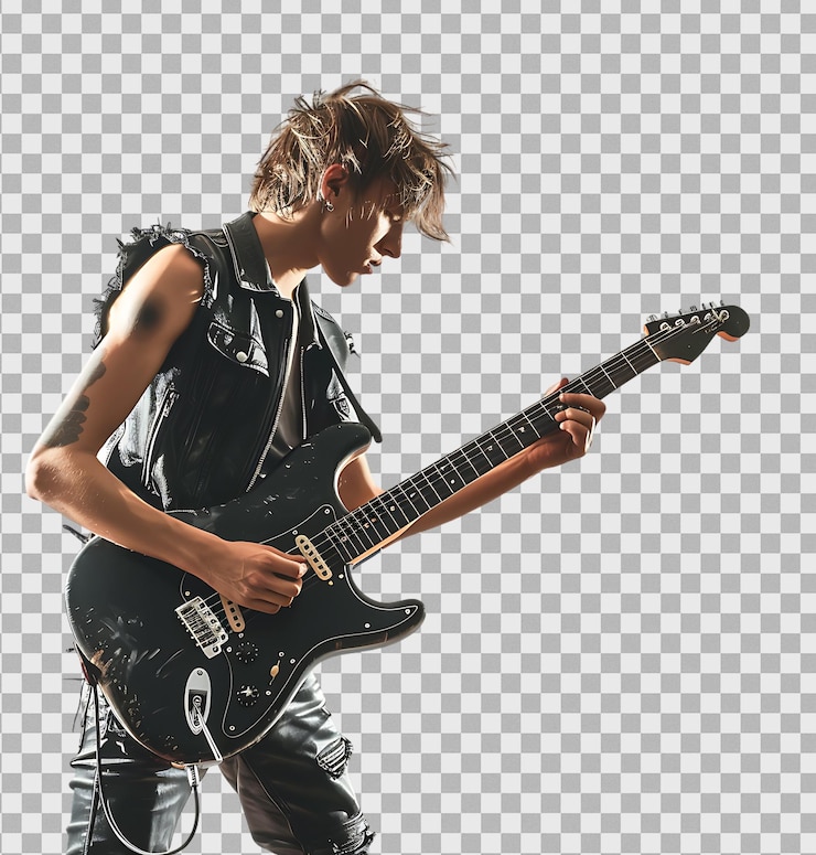 PSD young punk rocker playing electric guitar on a transparent background