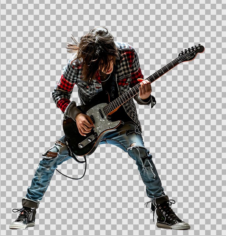 PSD young punk rocker playing electric guitar on a transparent background
