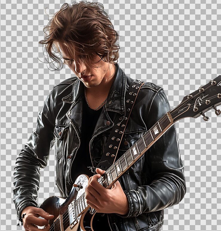 PSD young punk rocker playing electric guitar on a transparent background