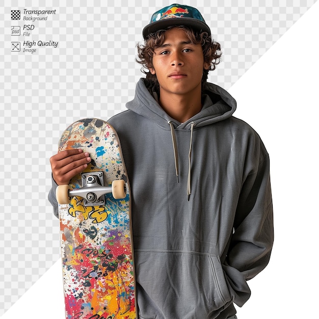 PSD young skateboarder in hoodie posing with colorful board