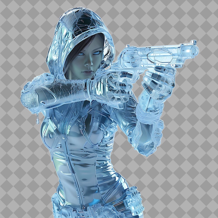 PSD young woman cryokinetic with icy form ice manipulation cold isolated 3d character illustration