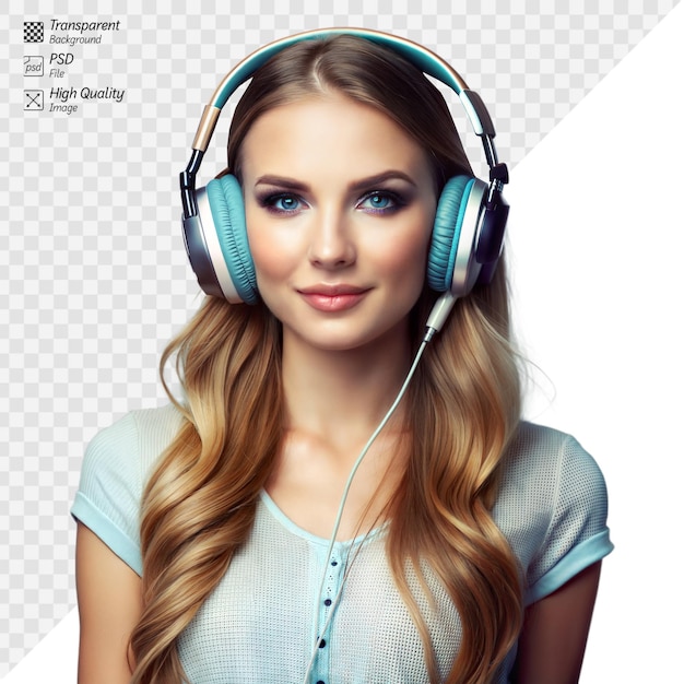 PSD young woman enjoying music on headphones with serene expression