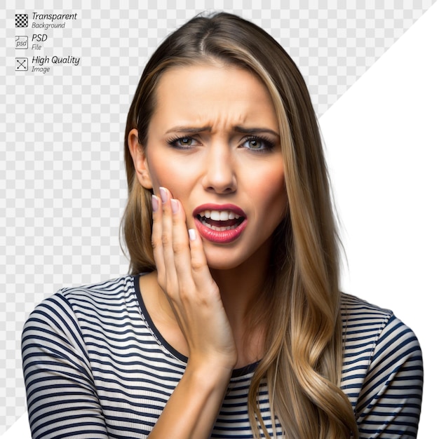 PSD young woman in pain holding cheek due to toothache