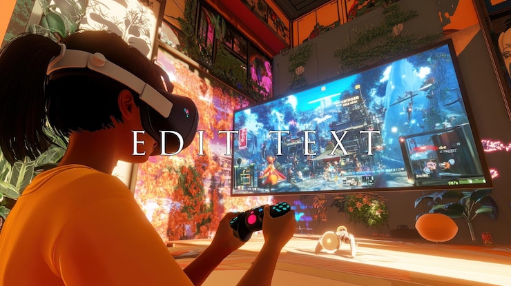 PSD young woman plays vr game on large monitor in vibrant room