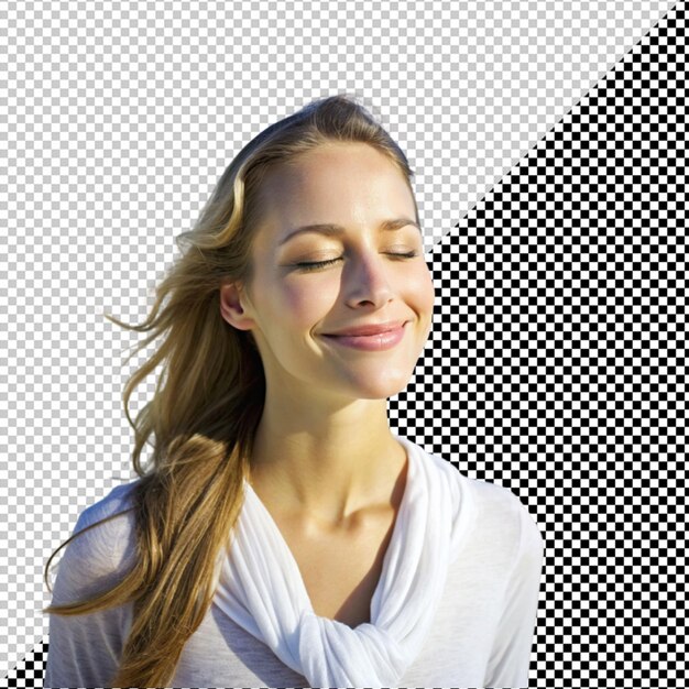 PSD young woman with eye closed smiling on transparent background