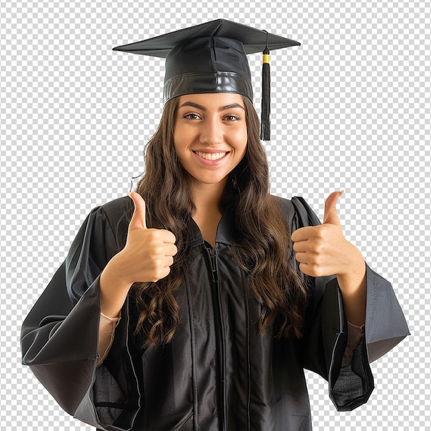 PSD young woman with graduation cap and gown and two thumbs up isolated on transparent background