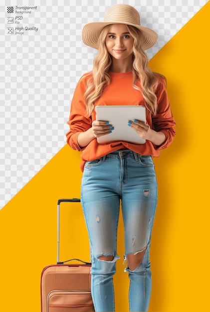 PSD young woman with tablet ready for travel on white background