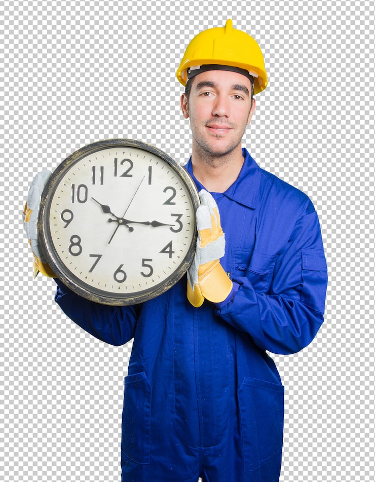 PSD young workman worried about the time on white background