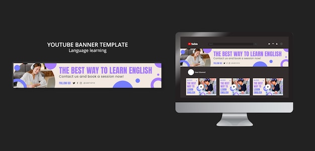 YouTube-Banner zum Erlernen der Sprache in flachem Design