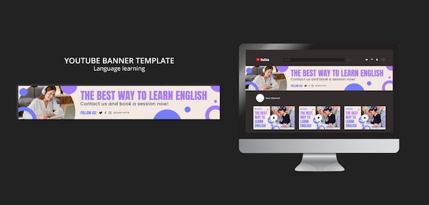 PSD youtube-banner zum erlernen der sprache in flachem design