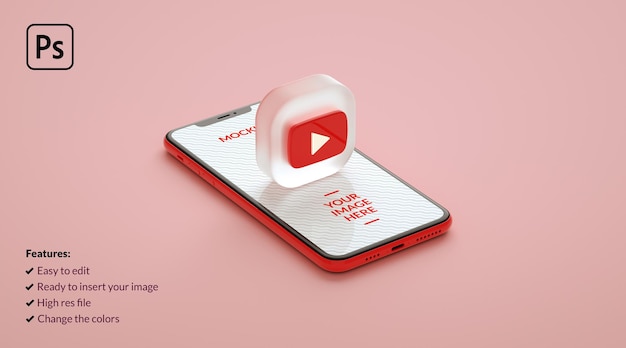 Youtube-Logo-Symbol auf einem Smartphone-Bildschirmmodell in 3D-Rendering