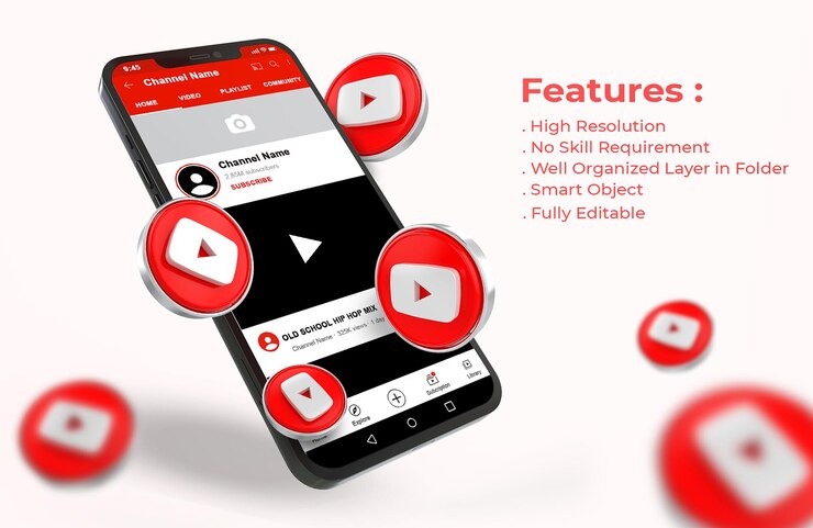 Youtube sur maquette de téléphone portable avec logo 3d