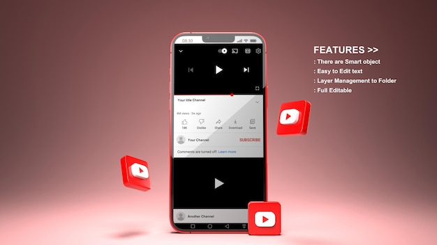 PSD youtube-seite auf dem handy 3d-rendermodell und 3d-youtube-symbole