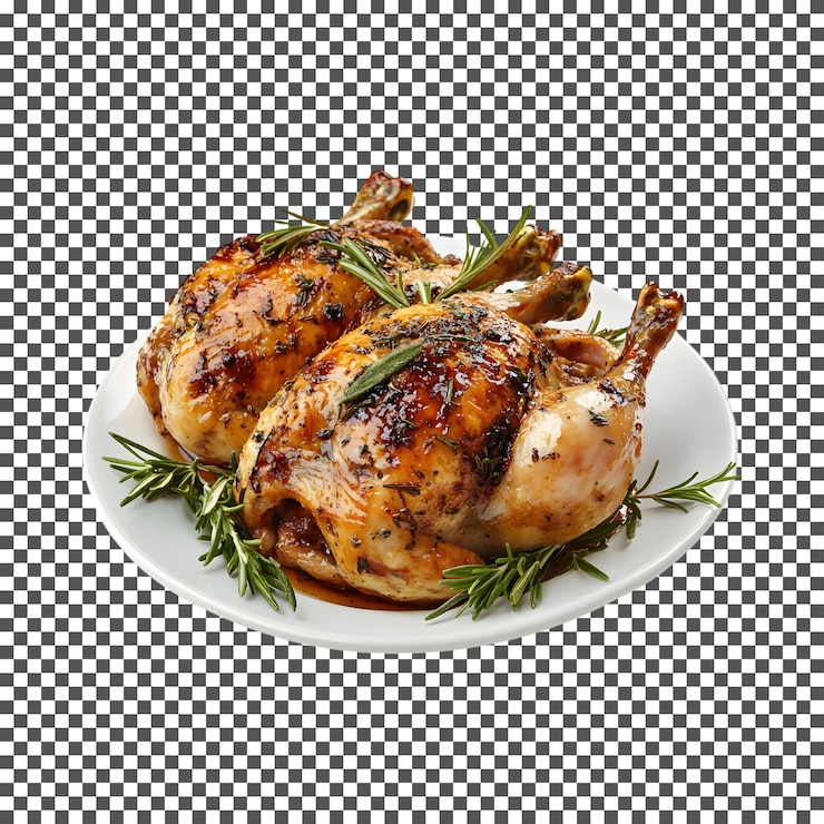 PSD yummy herb gallinas asadas de cornualles aisladas sobre un fondo transparente