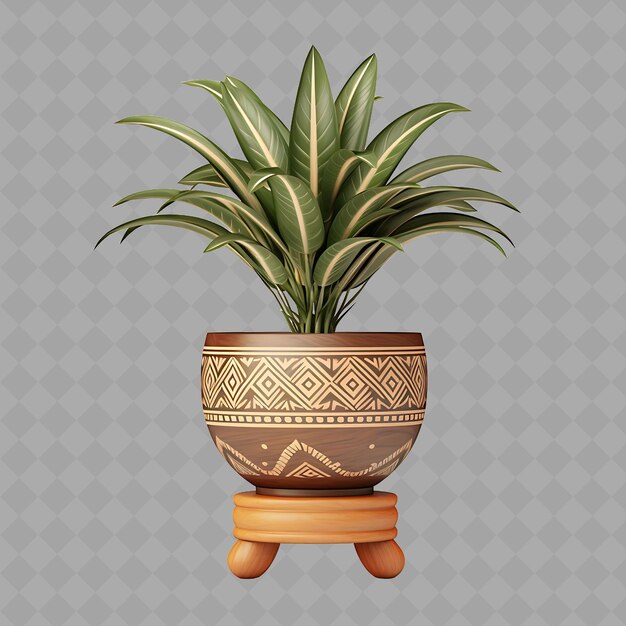 PSD z2 dracaena plant em uma panela de barro com design tribal em uma árvore verde isolada de madeira para decoração doméstica