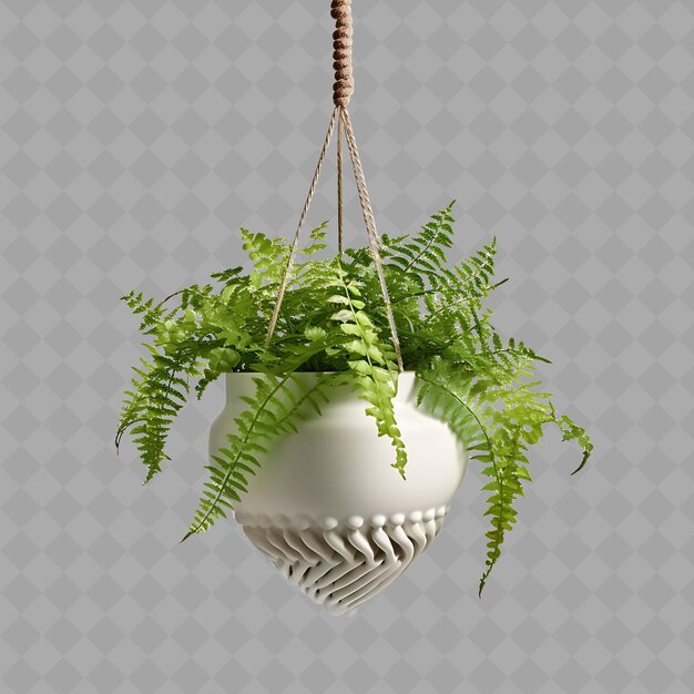 PSD z2 heart fern dans un pot en céramique suspendu à un macramé avec un arbre vert isolé de couleur gr pour la décoration de la maison