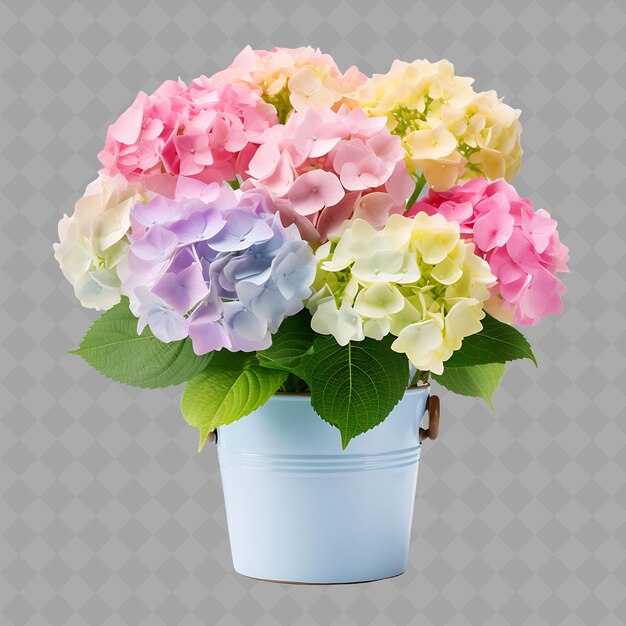 PSD z2 hortensias en una olla vidriada en soportes de ramita con árbol verde aislado de color pastel para la decoración del hogar