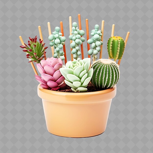 PSD z2 succulents in a pottery pot on sticks with color cactus obje isolated green tree for home decor