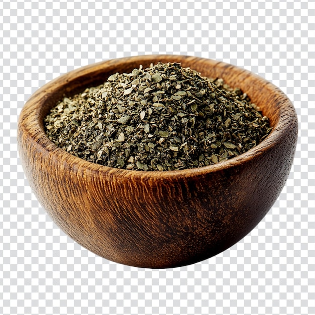 Zaatar condimentado en un cuenco de madera sobre un fondo transparente