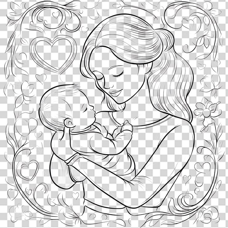 PSD zärtliche abbildung einer mutter und ihres kindes, umrahmt von blumenherzen
