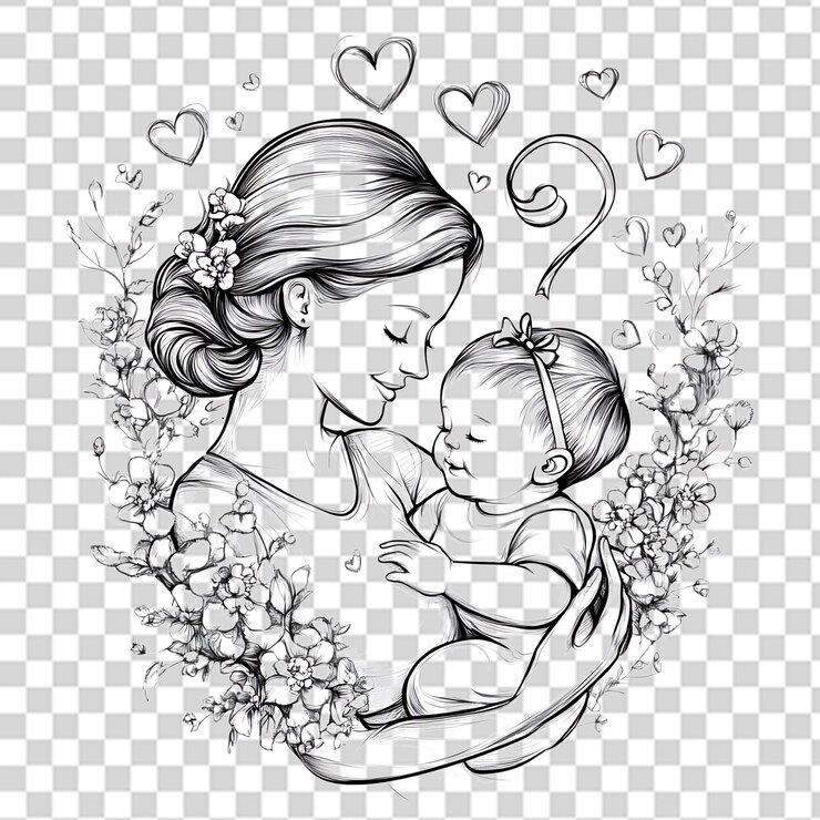 PSD zärtliche darstellung von mutter und baby, umgeben von herzen und blumen