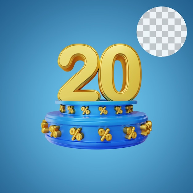 Zahl 20 Prozent Goldener Text 3D-Rendering