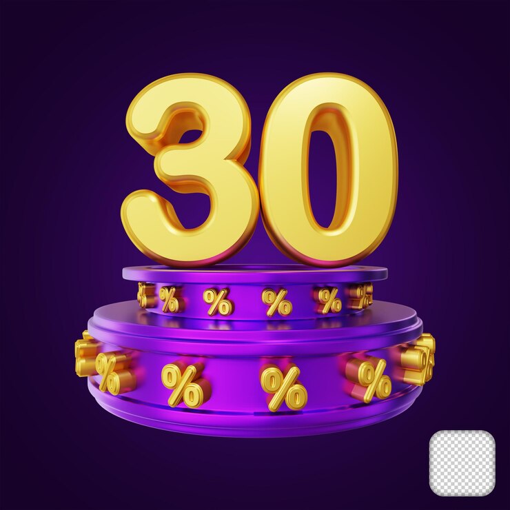 PSD zahl 30 prozent golden mit podium 3d-illustration