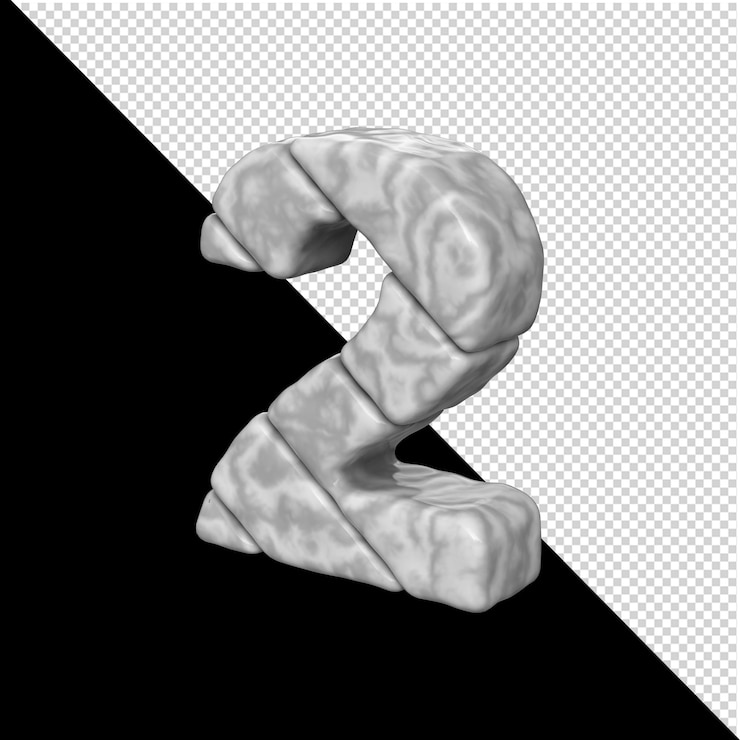 PSD zahl aus stein auf transparentem hintergrund nach links gedreht. 3d marmor nummer 2