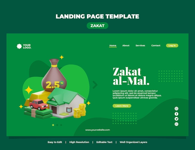 Zakat-mal-landing-page-vorlage mit 3d-darstellung