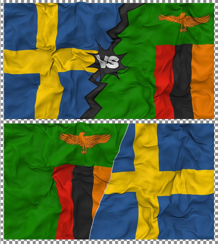 PSD zambia contra suecia media bandera combinada con textura 3d de la tela de la bandera