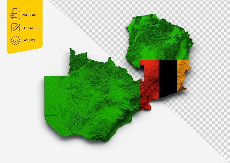 PSD zambia map zambia flag shaded relief color height map on isolated background 3d illustration