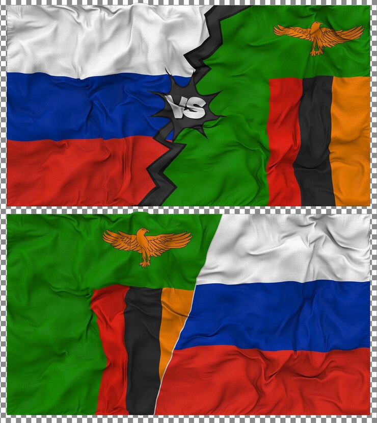 PSD zambia vs russia half combined flag cloth bump texture 3d rendering