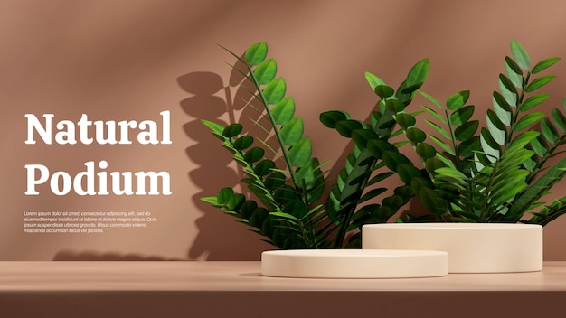 Zamia Hauspflanze Hintergrund 3D-Rendering-Mockup-Vorlage Hellbraunes Zylinderpodium in Landschaft
