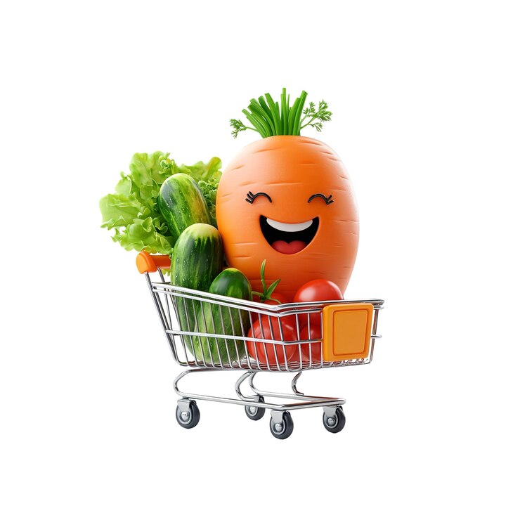 PSD una zanahoria feliz en el carrito de compras con verduras frescas