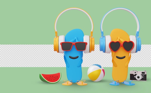 Zapatillas con auriculares y equipo de playa, representación 3d de la temporada de verano