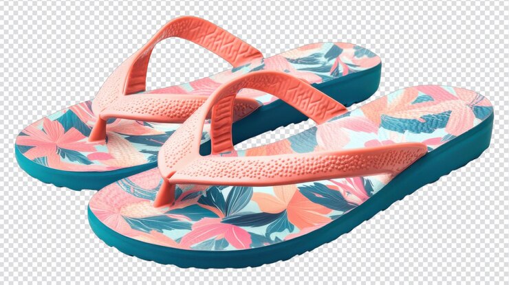 PSD zapatillas florales de colores vibrantes expuestas sobre un fondo neutral, ideales para salidas de verano y actividades en la playa