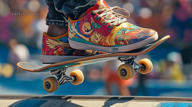 PSD zapatos coloridos en patineta en el aire por encima de la rampa