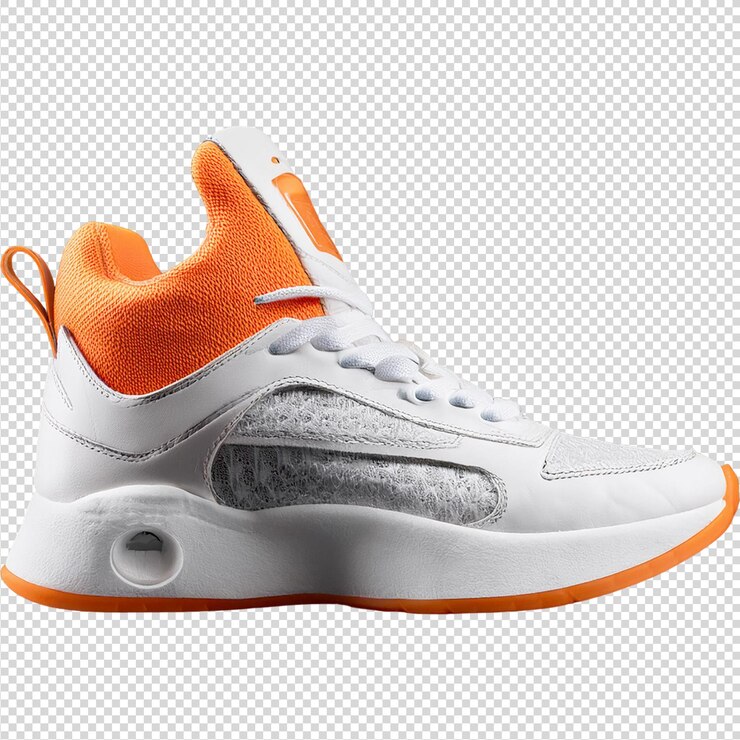 Zapatos de correr de cojín naranja en un fondo transparente