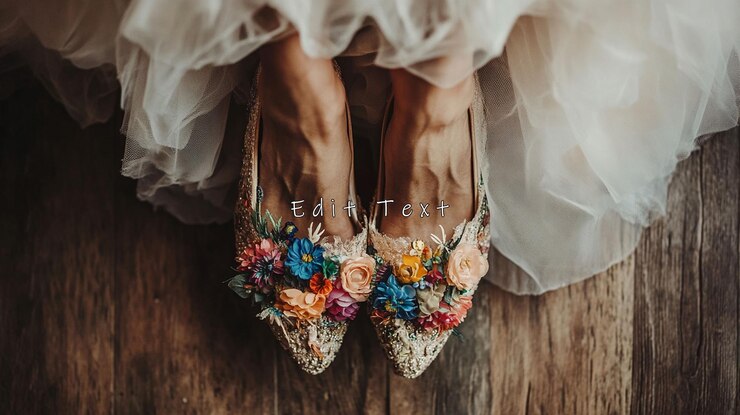 PSD zapatos de novia adornados con flores en el suelo de madera