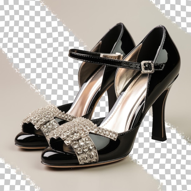 PSD zapatos de tacón alto de ante negro con adornos de diamantes de imitación y una correa mostrados desde un lado sobre un fondo transparente para un catálogo